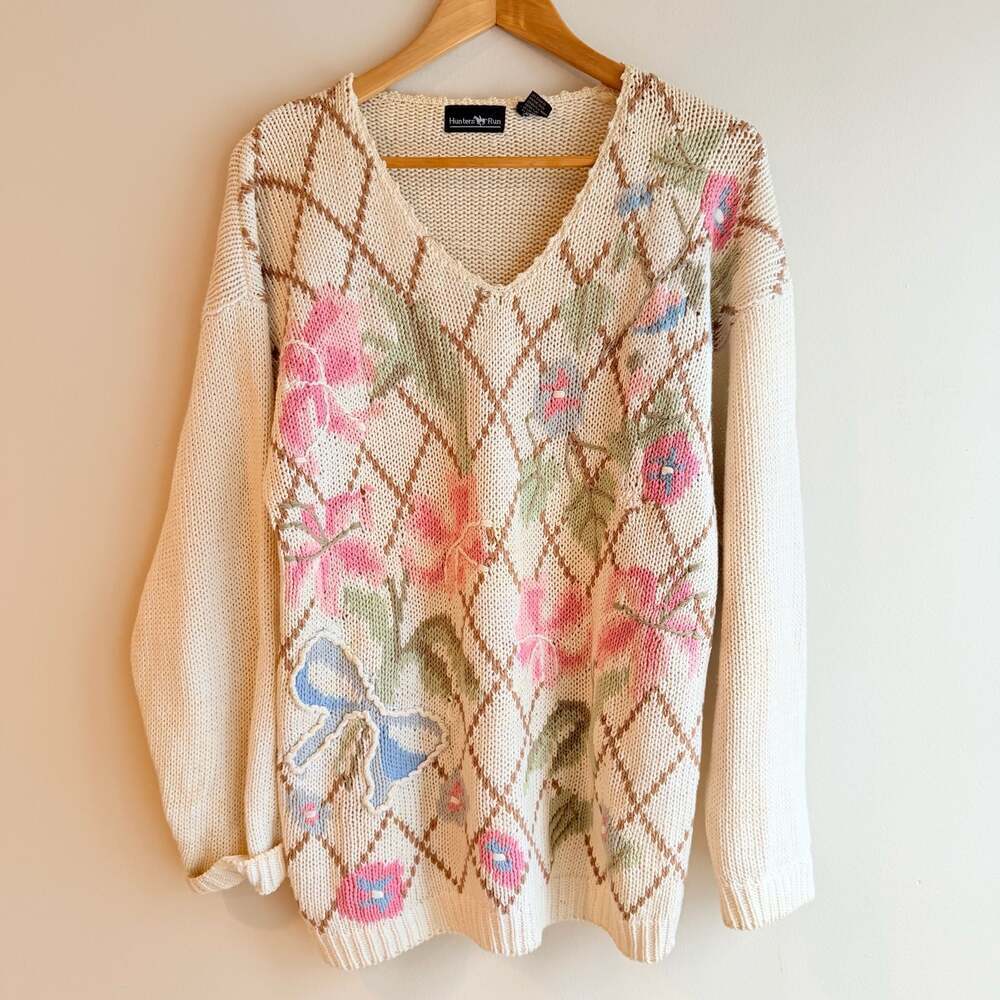 Vintage Hunters Run Floral Embroidered Argyle V-Neck Sweater Size M
